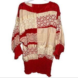 Vintage 1960's Cottage Blossom Red Lace Shirt Blouse One Size Made in Australia